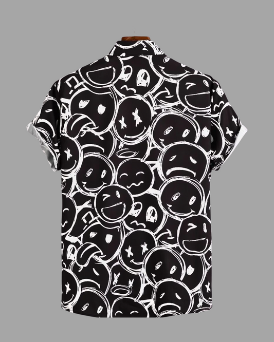 Face Expressions Pattern Casual Shirt, Button Short Sleeve